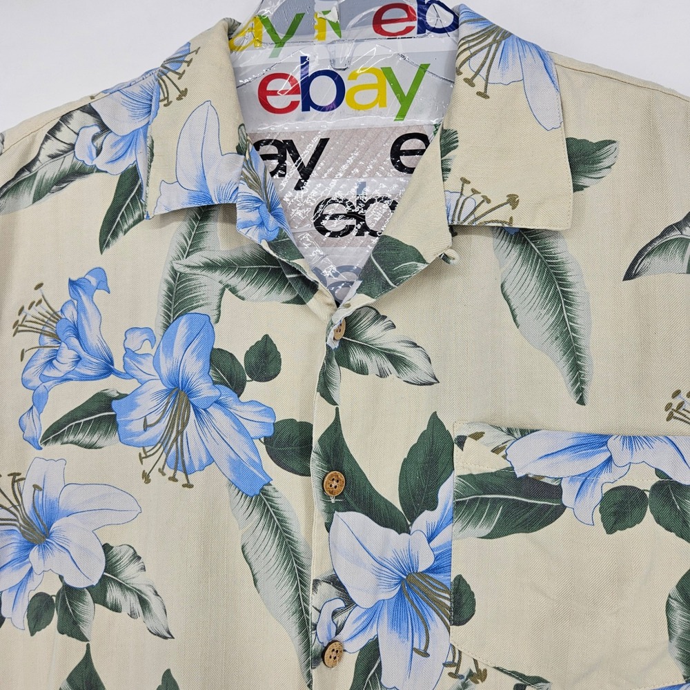 Tommy Bahama Shirt Mens Large Floral Silk Hawaiian Camp‎ All Over Print Cream - Picture 2 of 9